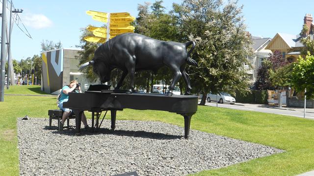 Escultura toro sobre piano. Art Galleru Christchurch