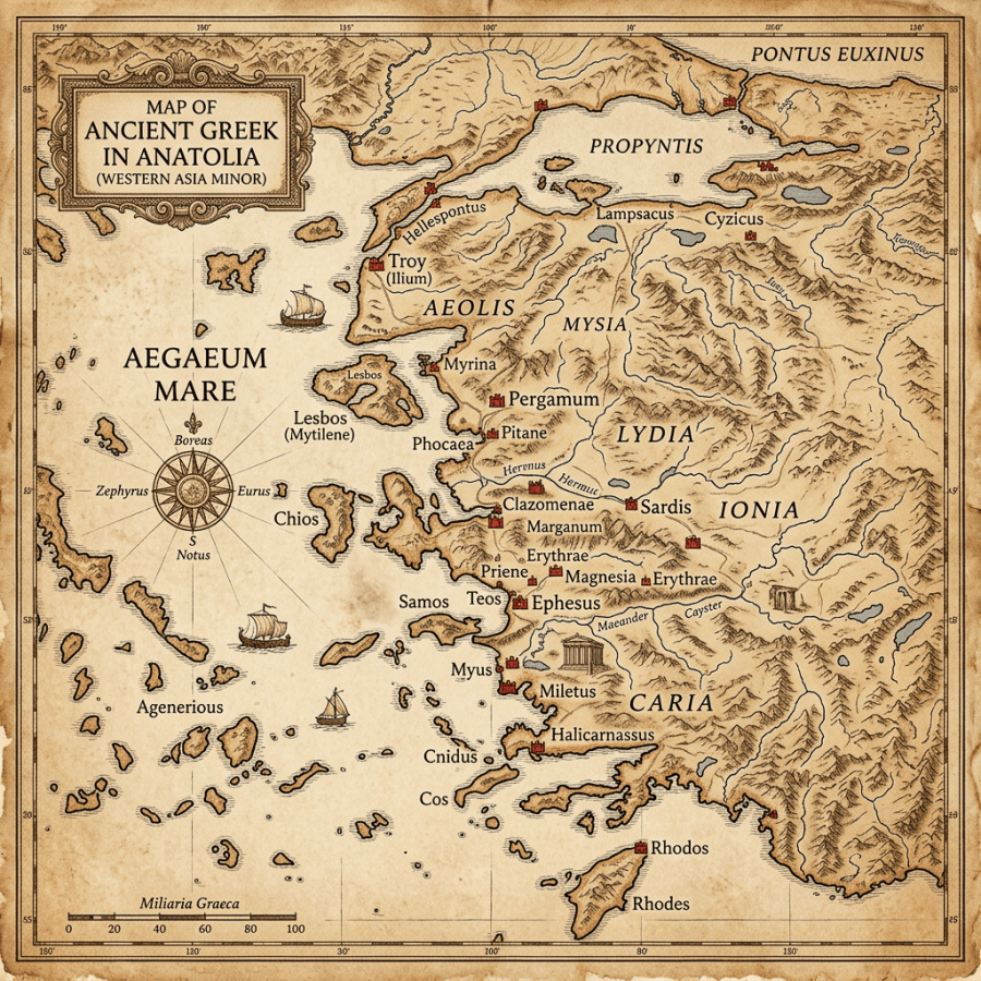 Map of ancient Greek regions and cities in Anatolia including Aeolis, Mysia, Lydia, Ionia, Caria, and surrounding islands